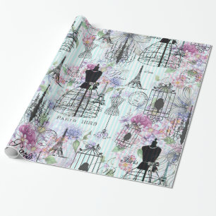 Vintage Streifen Eiffelturm-Collage Rosa Blumenzun Geschenkpapier