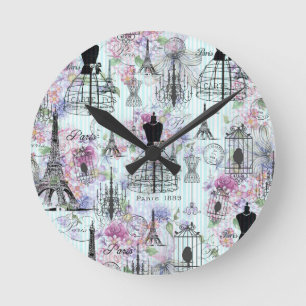 Vintage Streifen Eiffelturm-Collage Rosa Blumenzun Runde Wanduhr