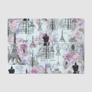 Vintage Streifen Eiffelturm-Collage Rosa Blumenzun Seidenpapier