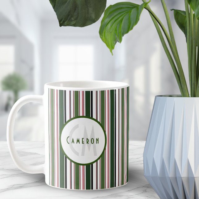 Vintage Streifen Modernes, grünes Monogramm Kaffeetasse (Vintage Stripes Modern Green White Monogram Coffee Mug)