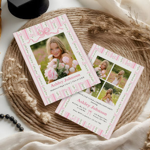 Vintage Streifen Rosa Schleife Abschlussfoto Einladung