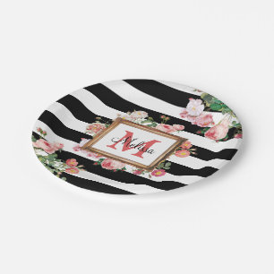 Vintage Streifen und Floral Monogramm Pappteller
