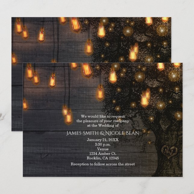 Vintage String Lights & Tree Wedding Einladungen (Vorne/Hinten)