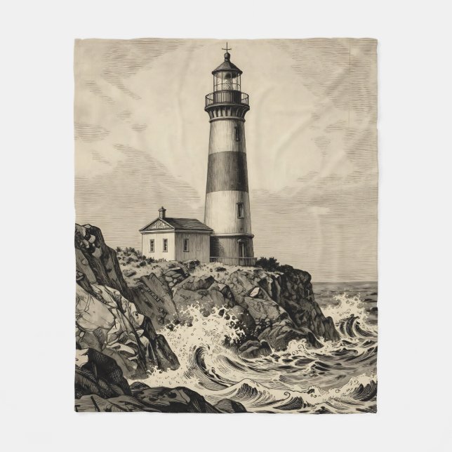 Vintage Striped Lighthouse Stormy Coast  Fleecedecke (Vorderseite)