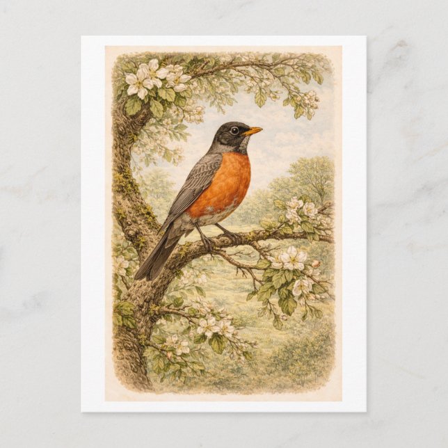 Vintage-Style American Robin lllustration Postkarte (Vorderseite)