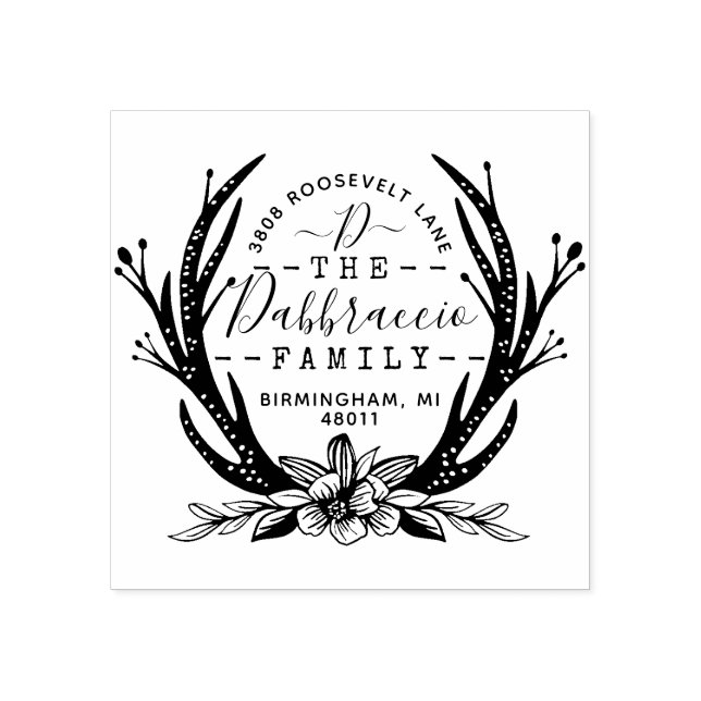 Vintage Style Antler Horns Blumenadresse Gummistempel (Prägung)