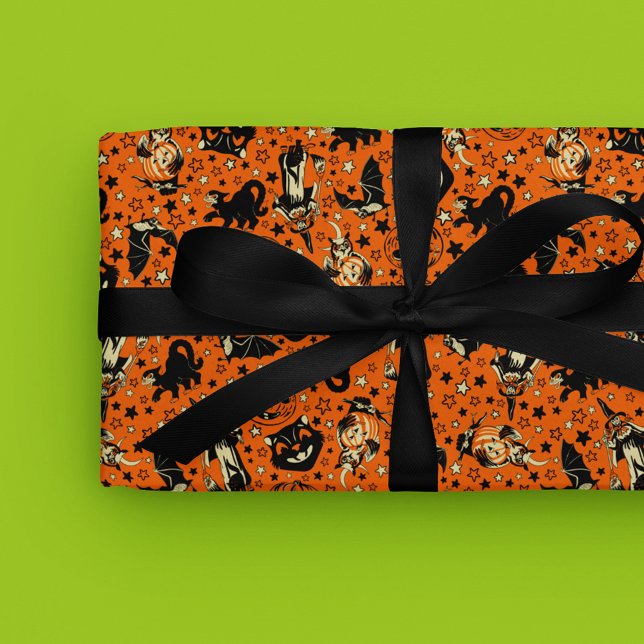 Vintage Style Black and Orange Halloween Geschenkpapier (Von Creator hochgeladen)