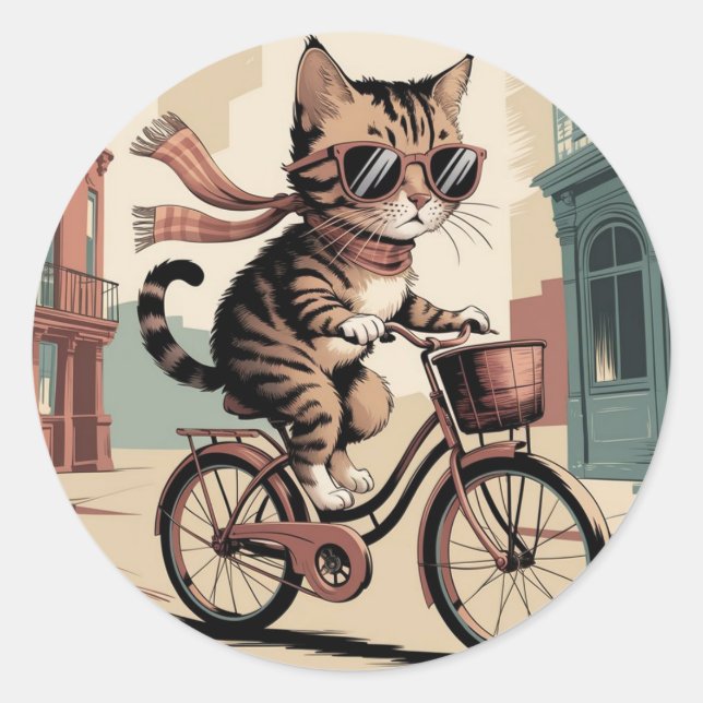 Vintage Style Cat Runder Aufkleber (Vorderseite)