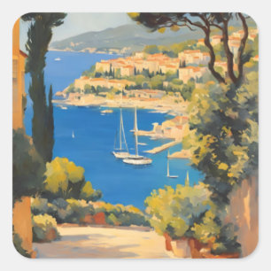 Vintage Style Côte d'Azur Französisches Reise-Gemä Quadratischer Aufkleber