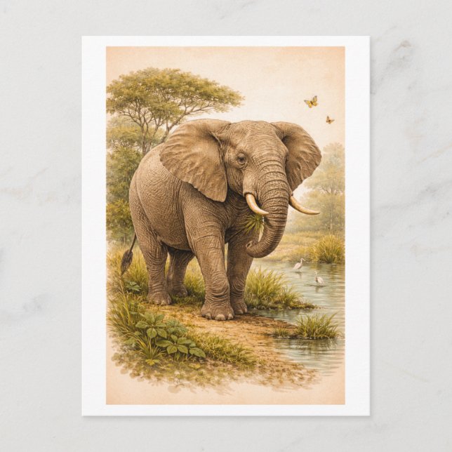 Vintage-Style Elephant Illustration Postkarte (Vorderseite)