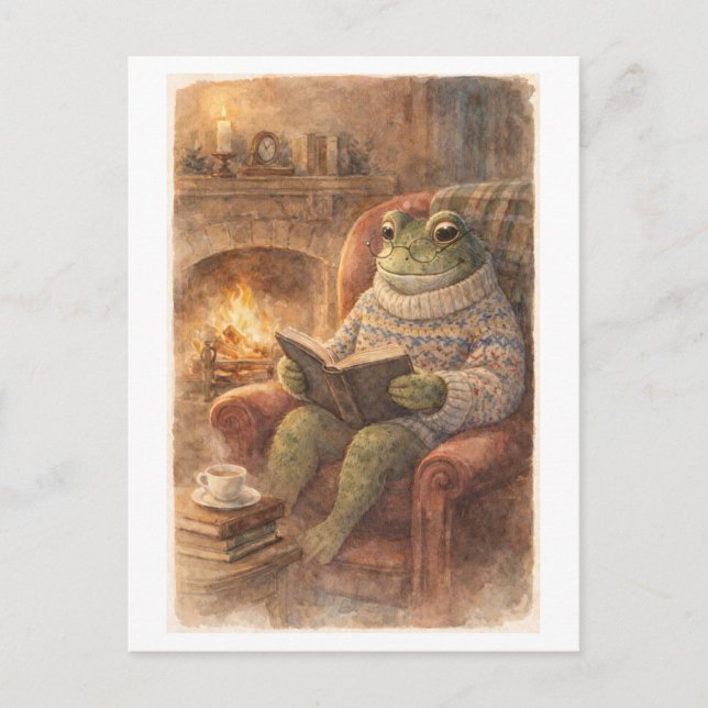 Vintage-Style Frog Reading by the Fireside Postkarte (Vorderseite)