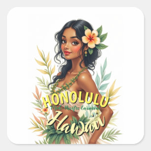 Vintage-Style Hawaii-Reise Honolulu Hula-Mädchen Quadratischer Aufkleber