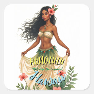 Vintage Style Hawaii-Reise Honolulu Hula-Mädchen Quadratischer Aufkleber