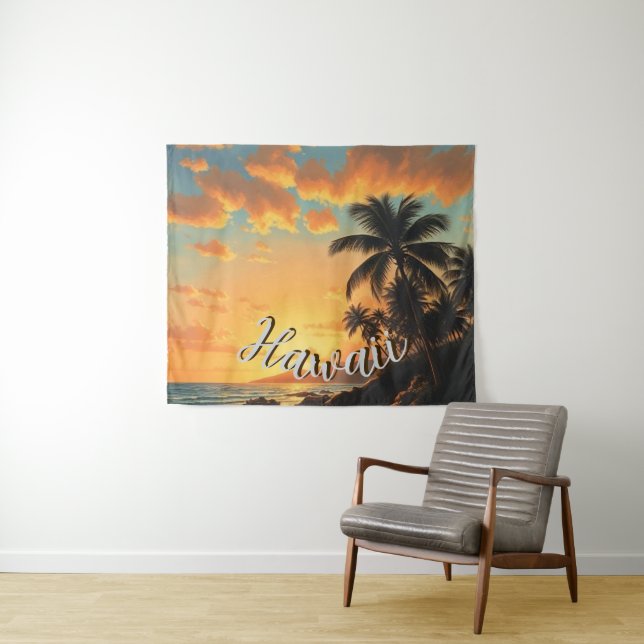 Vintage Style Hawaiian Travel Coast Sea Sunset Wandteppich (Beispiel (Horizontal))