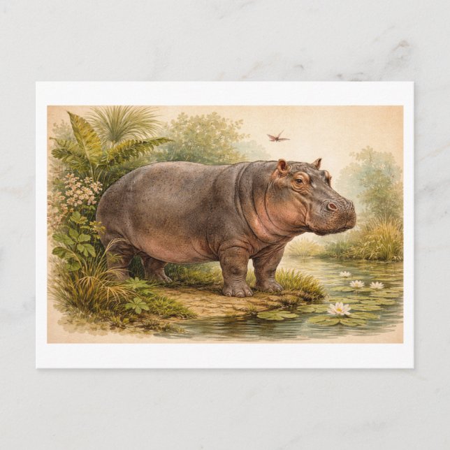 Vintage-Style Hippo Illustration Postkarte (Vorderseite)