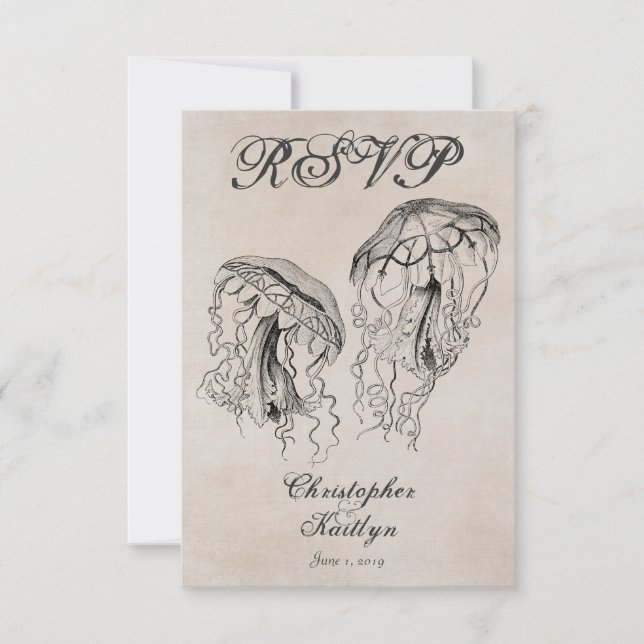 Vintage Style Jellyfish Beach Wedding RSVP Card (Vorderseite)