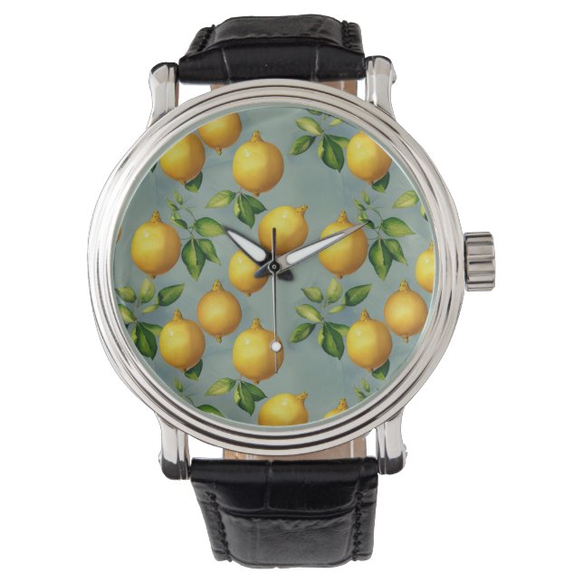 Vintage Style Lemons Pattern Wallpaper Art Armbanduhr (Vorderseite)
