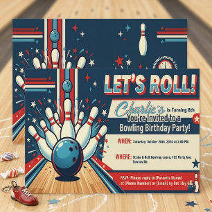 Vintage Style Let's Roll Bowling 8. Geburtstag Einladung