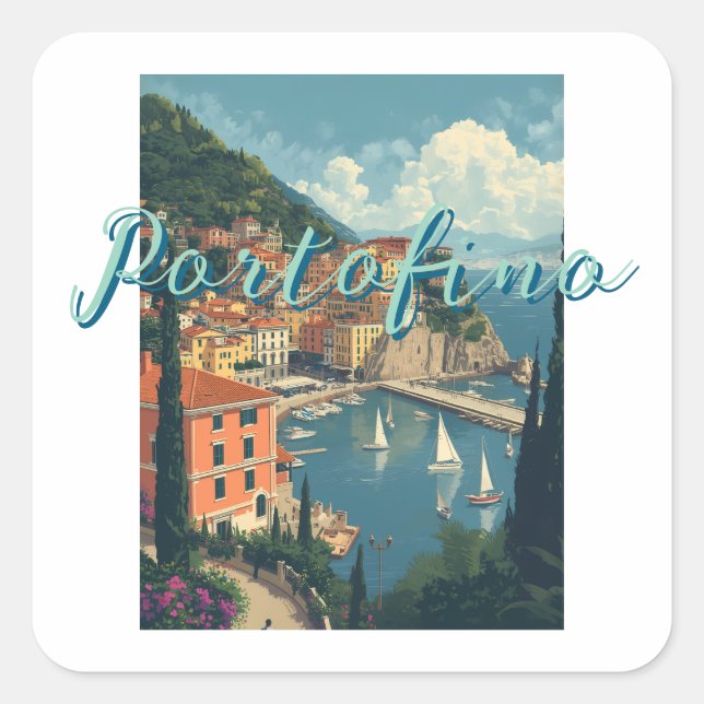 Vintage Style Portofino Genova Italy Quadratischer Aufkleber (Vorderseite)