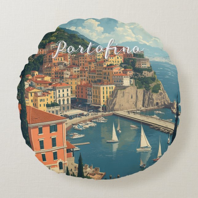 Vintage Style Portofino Genova Italy Rundes Kissen (Vorderseite)