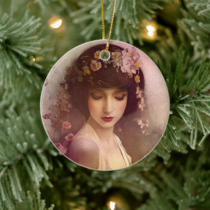 Vintage Style Portrait of Beautiful Floral Woman Keramik Ornament