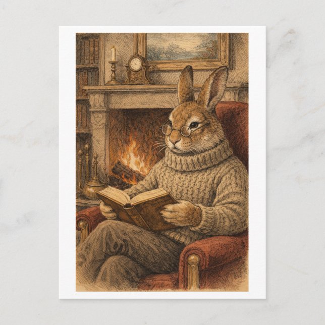 Vintage-Style Rabbit Reading a Book Postkarte (Vorderseite)