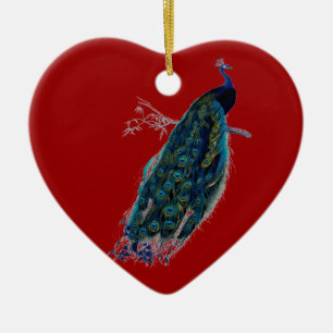 Vintage Style Roter Herz Pfau Weihnachtsbaumschmuc Keramik Ornament