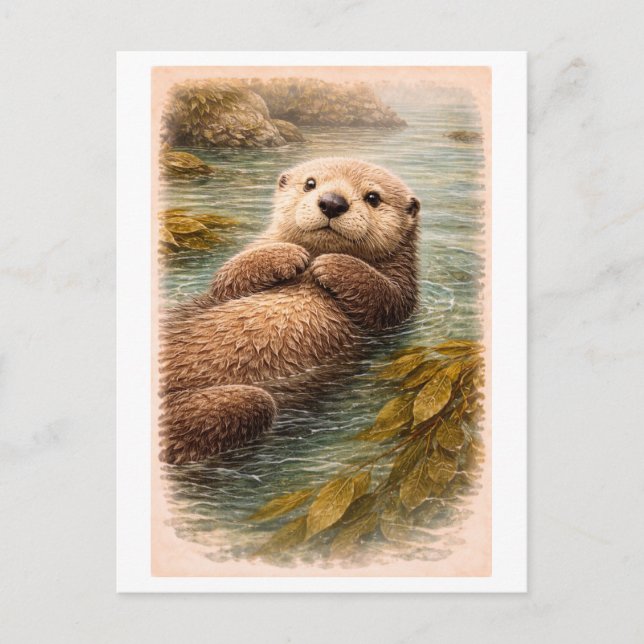 Vintage-Style Sea Otter Illustration Postkarte (Vorderseite)