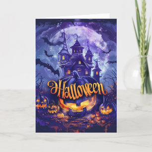 Vintage Style Spukhaus und Halloween-Kürbis Feiertagskarte