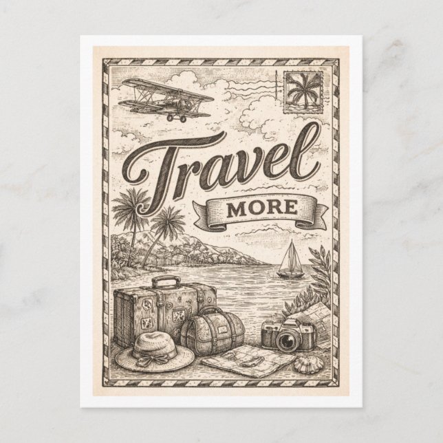 Vintage-Style "Travel More" Postkarte (Vorderseite)