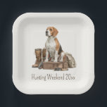 Vintage Style Watercolor Hunting Hound Dog Pappteller<br><div class="desc">This square paper party plate features a vintage style hunting dog design features a classic hound ready for a day in the woods.  This design is in rustic watercolor shades of creams and browns.  Personalize with your choice of name or special text.</div>