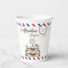 Vintage Suitcase Baby Shower Boy Adventure Postal Pappbecher