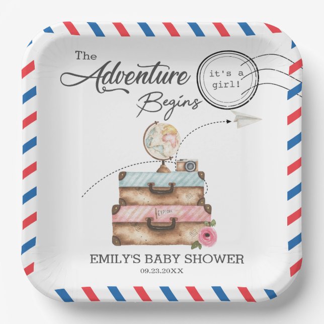 Vintage Suitcase Baby Shower Girl Adventure Postal Pappteller (Vorderseite)