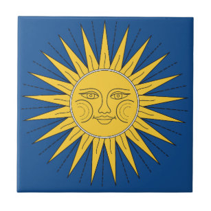 Vintage Sun-Illustration auf blauem Hintergrund Fliese