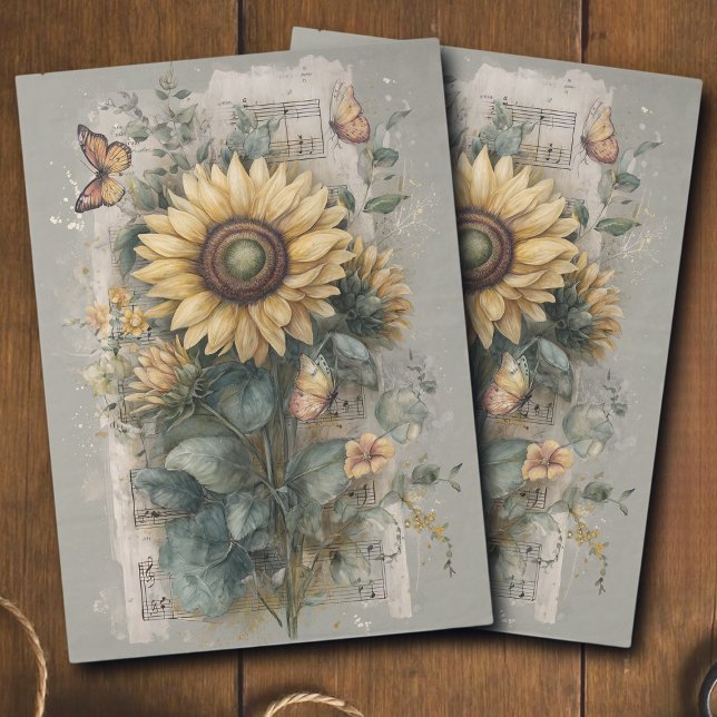 Vintage Sunflower & Music Ephemera Decoupage Seidenpapier (Von Creator hochgeladen)