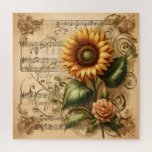 Vintage Sunflower & Notes Square Puzzle 676 pcs<br><div class="desc">Brighten your day with this 676-piece square jigsaw puzzle featuring a bold sunflower and delicate rose set against an ornate vintage sheet music background. The warm sepia tones and intricate floral detailing make this puzzle a joyful and artistic challenge—perfect for lovers of nature,  vintage charm,  and timeless beauty.</div>