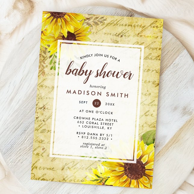 Vintage Sunflower Script Baby Shower Einladung (Von Creator hochgeladen)