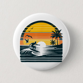 Vintage Surfer And Surfing, Retro Surf Beach, Hawa Button