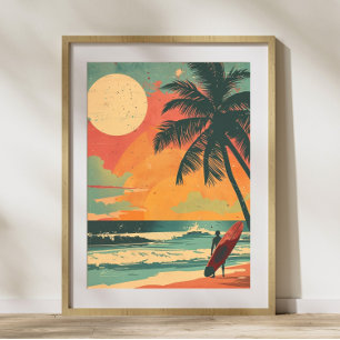 Vintage-Surfer im Sommer-Sonnenuntergang Retro-Pos Poster
