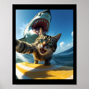 Vintage-Surfkatze Selfie Mit Fisch Lustiges Meme F Poster