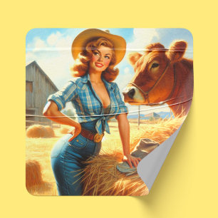 Vintage süße Cowgirl Pin-up Quadratischer Aufkleber