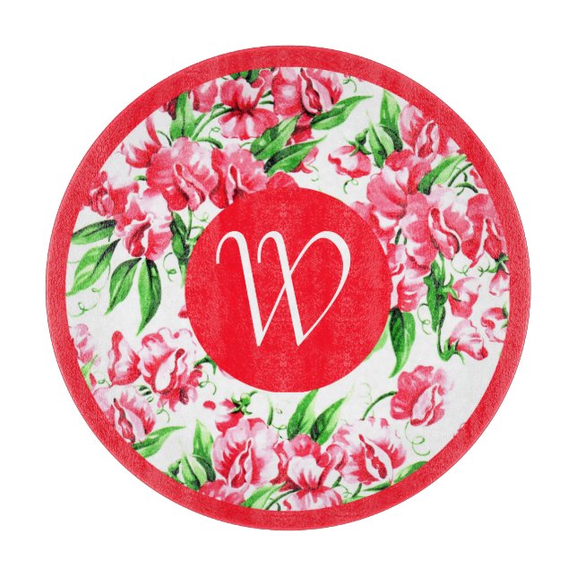 Vintage, süße Erbsenblüte mit Grenz und Monogramm Schneidebrett (Vorderseite)