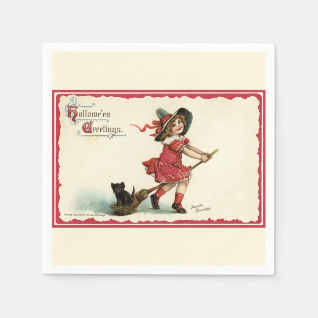 Vintage süße Halloween-Hexe Serviette (Vorderseite)
