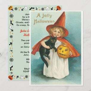 Vintage Süße Hexe Mit Katze Halloween Einladung