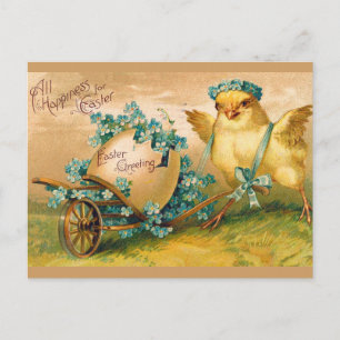 Vintage süße Hühner mit Oster-Ei-Kutsche Postkarte