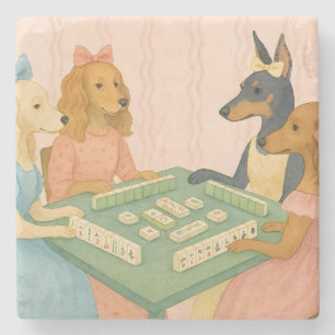 Vintage Süße Hunde spielen Mahjong Steinuntersetzer