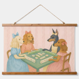 Vintage Süße Hunde spielen Mahjong Wandteppich Mit Holzrahmen