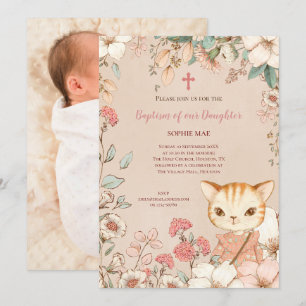 Vintage süße Katze Foto Blumen Baby Mädchen Taufe Einladung