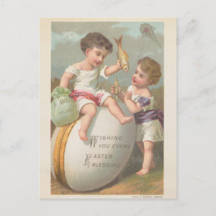 Vintage süße kleine Jungen spielen Ostereier-Segen Feiertagspostkarte