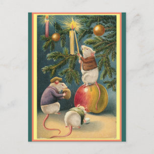Vintage süße Mäuse zünden Kerzen am Weihnachtsbaum Postkarte